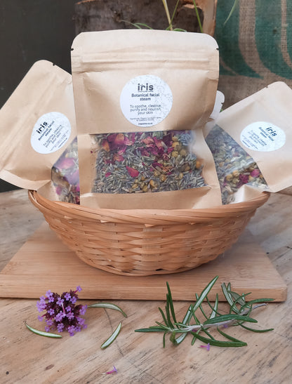 Botanical facial steam pack - These packs contain 3 organic dried flowers : Rose. Lavender and camomile for you to create a mini spa experience at home.